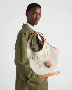 Mujer Prada PRADA SUMMER BAGS|BOLSOS GRANDES^Bolso Tote Grande De Mezcla De Lino Y Piel