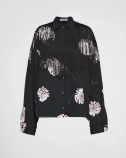 Mujer Prada CAMISAS Y TOPS^Camisa De Popelín Estampada Con Flecos