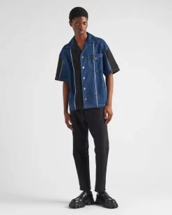 Hombre Prada CAMISAS^Camisa Double Match De Tejido Vaquero A Rayas