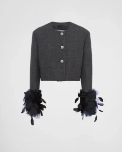 Mujer Prada CHAQUETAS Y ABRIGOS^Chaqueta De Lana De Botonadura Simple Con Ribete De Plumas
