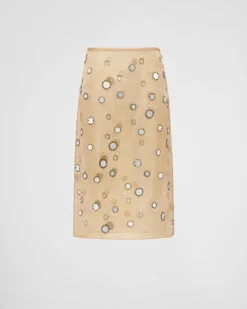Mujer Prada FALDAS^Falda Midi De Organza Decorada Con Espejos