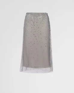 Mujer Prada FALDAS^Falda Midi De Tul Con Tachuelas De Cristal