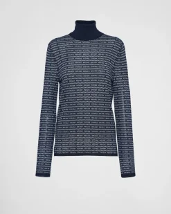 Mujer Prada TEJIDOS DE PUNTO^Jersey De Cuello Alto De Lana Superfina Con Logo De Intarsia