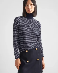 Mujer Prada TEJIDOS DE PUNTO^Jersey De Cuello Alto De Lana Superfina Con Logo De Intarsia