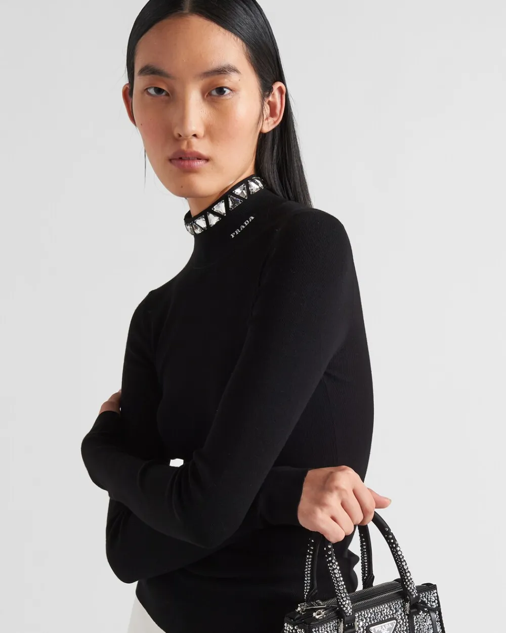Mujer Prada TEJIDOS DE PUNTO^Jersey De Viscosa Con Cuello Alto Y Cristales