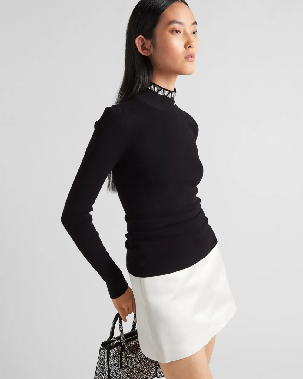 Mujer Prada TEJIDOS DE PUNTO^Jersey De Viscosa Con Cuello Alto Y Cristales