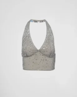 Mujer Prada CAMISAS Y TOPS^Top De Tul Con Tachuelas De Cristal
